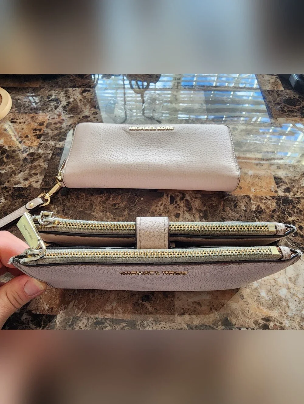 Michael Kors Pebbled Leather Wristlet Wallet Soft Pink/Gold & Continental Wallet